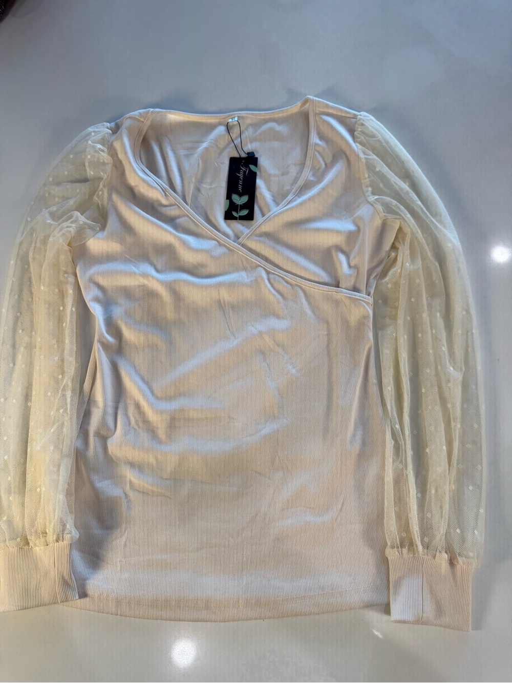 Sheer Puff-Sleeve Cream Wrap-Front Women's Blouse